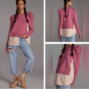 Maeve Anthropologie layered mixed media puff sleeve tunic sweatshirt size Medium